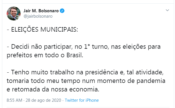 Eleições 2020: Bolsonaro afirma que não apoiará nenhum candidato no 1°  turno - Brasil - Portal O Dia